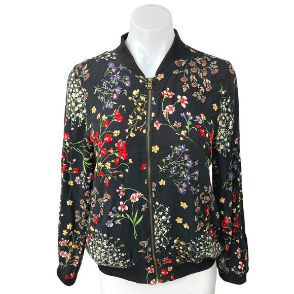 Cynthia Rowley Black Multicolor Floral Print Zip Up Bomber Coat Jacket Size S - Picture 1 of 5